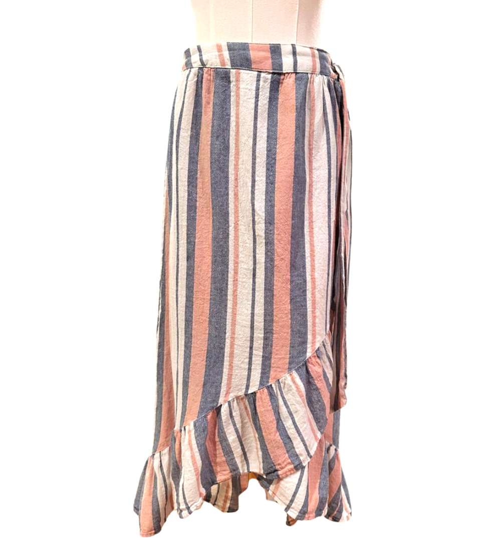 Asos Striped Cotton Ruffled Tie Wrap High Low Skirt Size 4 Small Coastal